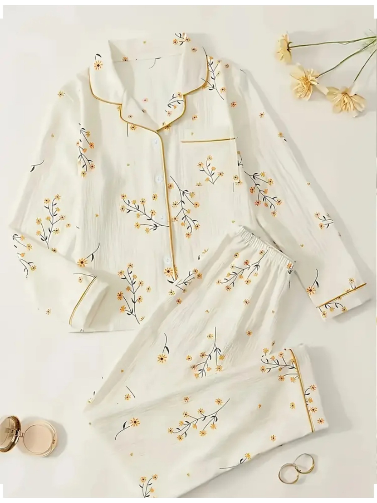 Kadınlar için Rahat Çiçek Desenli Pijama Takımı - Uzun Kollu & Pantolon, Yumuşak