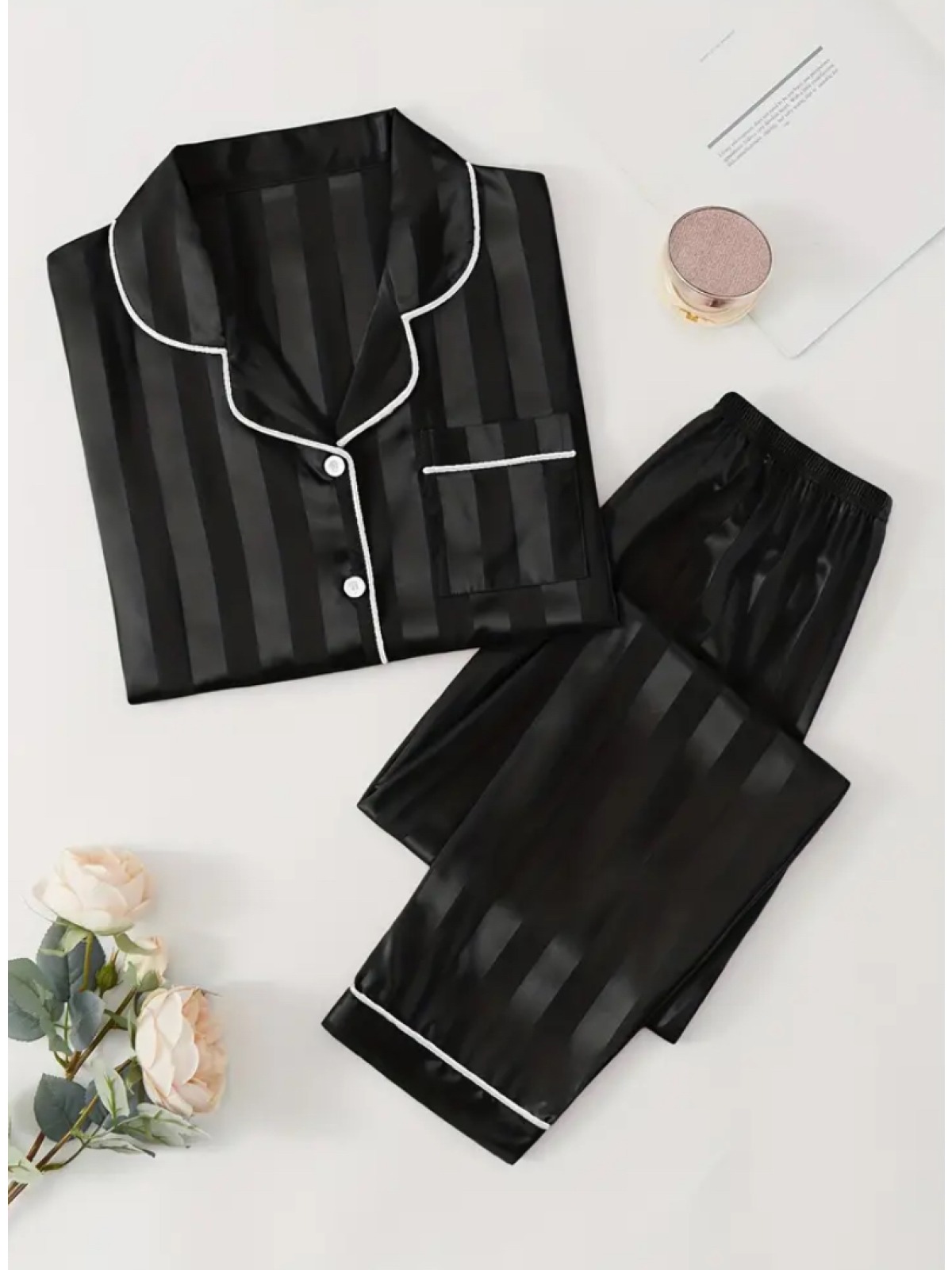 Çizgili Saten Pijama Takımı, Uzun Kollu Düğmeli Üst & Rahat Pantolon, Kadınların Uyku Giyim & Rahat Giyim