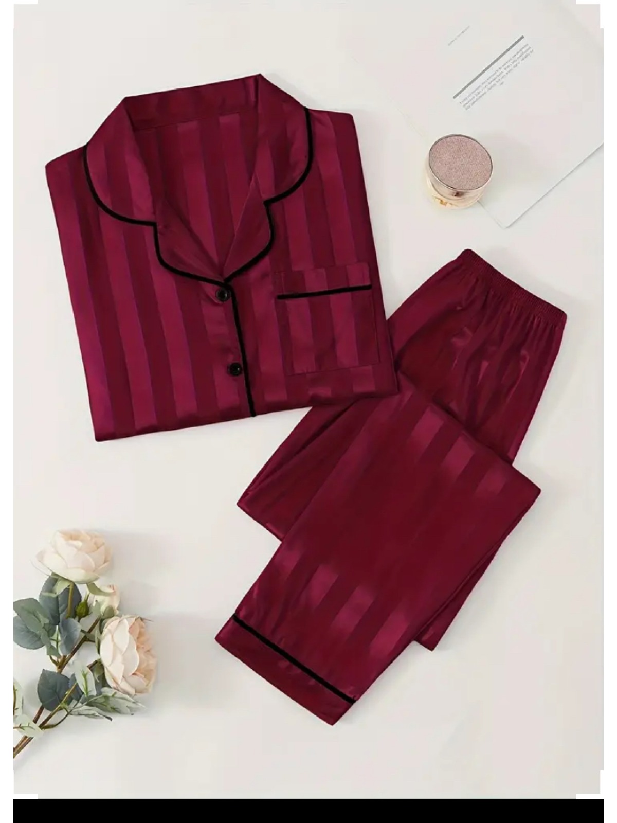 Çizgili Saten Pijama Takımı, Uzun Kollu Düğmeli Üst & Rahat Pantolon, Kadınların Uyku Giyim & Rahat Giyim