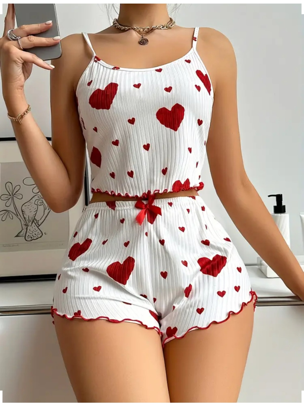 Kalp Desenli Romantik Pijama Takımı